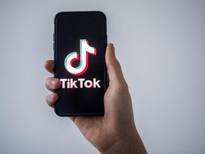 A smartphone with the logo of social network TikTok.