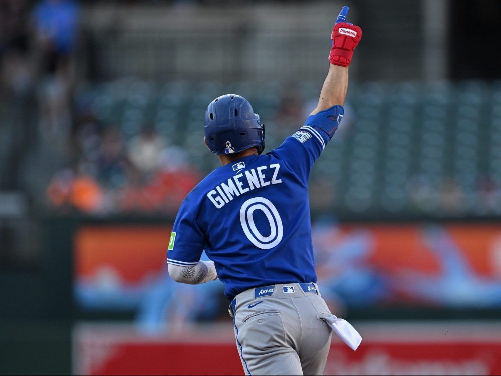 Andres Gimenez of the Toronto Blue Jays celebrates while running the bases after hitting a home run in the third inning against the Baltimore Orioles at Oriole Park at Camden Yards on May 28, 2026 in Baltimore.