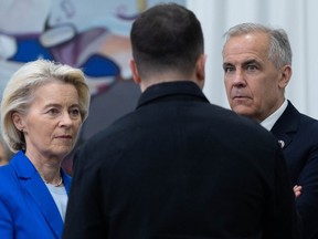 President of the European Commission Ursula von der Leyen and Canadian Prime Minister Mark Carney speak with Ukrainian President Volodymyr Zelenskyy.