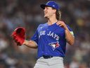 Adam Macko of the Toronto Blue Jays reacts after pitching the final out of the sixth inning during his MLB debut against the New York Yankees at Yankee Stadium on Monday, May 18, 2026, in New York City.