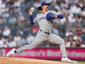 Dylan Cease of the Toronto Blue Jays pitches during the first inning against the New York Yankees at Yankee Stadium on Tuesday, May 19, 2026, in New York City.