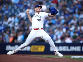 Trey Yesavage of the Toronto Blue Jays pitches in the first inning.