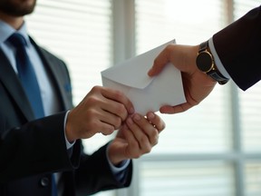 Man in suit gives white envelope to colleague in office. Employee receives salary or bonus payment. Colleagues in business attire interact at workplace.