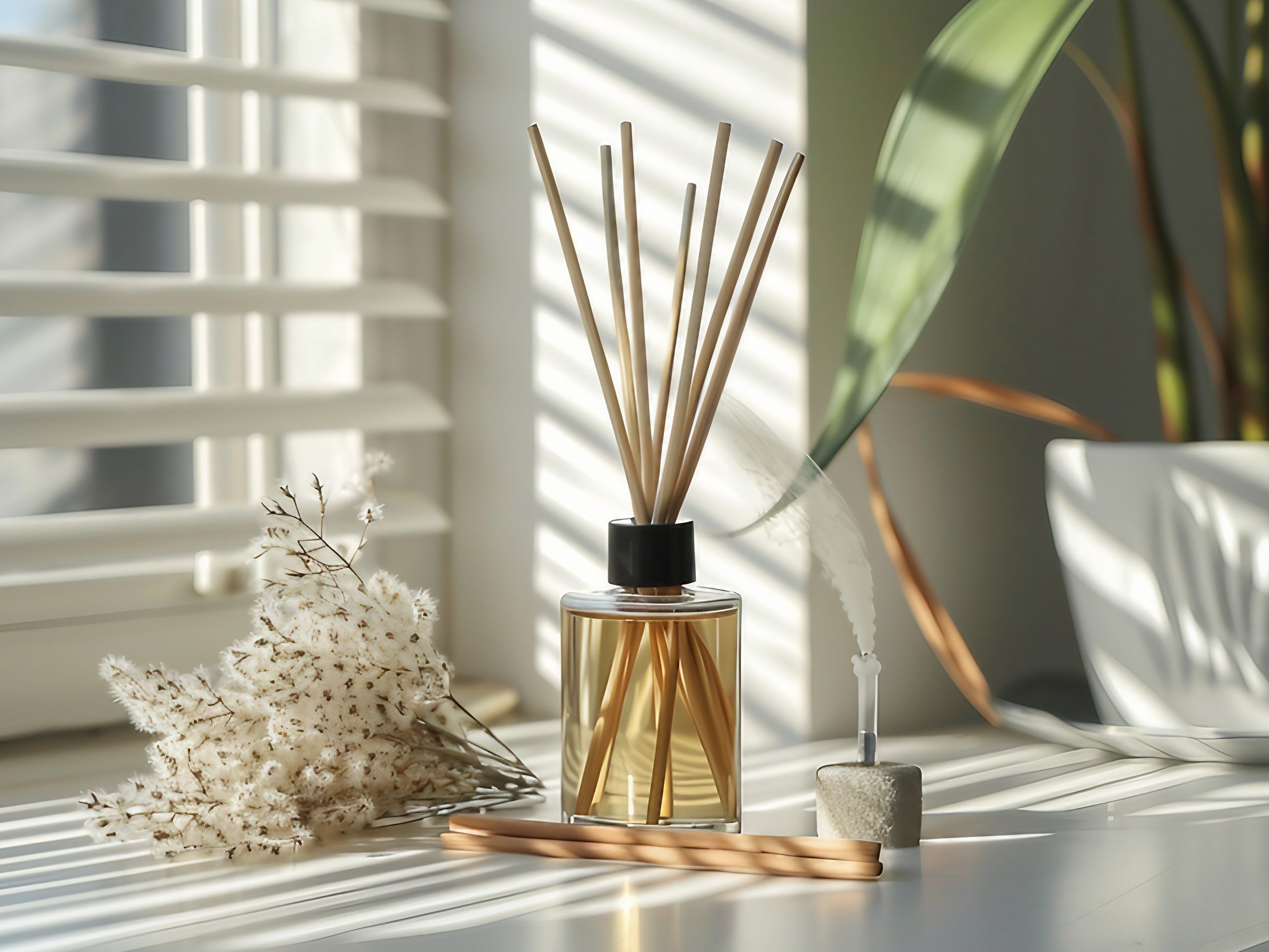 Home fragrance aroma diffuser with rattan sticks with a glass bottle, aroma reed diffuser home fragrance with rattan sticks on a light background