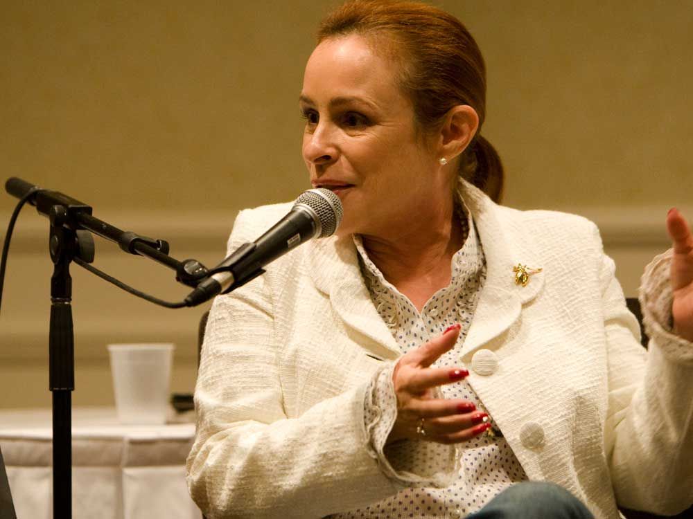 Alina Fernandez, daughter of Fidel Castro, is interviewed during the Blue Metropolis festival at the Delta Centre Ville in Montreal on May 8, 2002. 