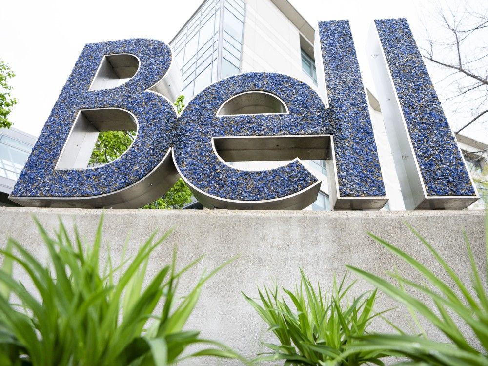 Bell signage is seen at BCE Inc., headquarters in Montreal, May 7, 2025.