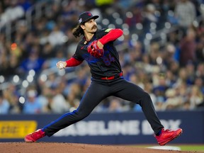 Jays pitcher Dylan Cease delivers the pitch against the Los Angeles Angels last night.