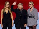 Musicians Martie Maguire, Natalie Maines and Emily Robison of The Chicks depart after performing the National Anthem during the final day of the Democratic National Convention at the United Center on August 22, 2024 in Chicago, Illinois.