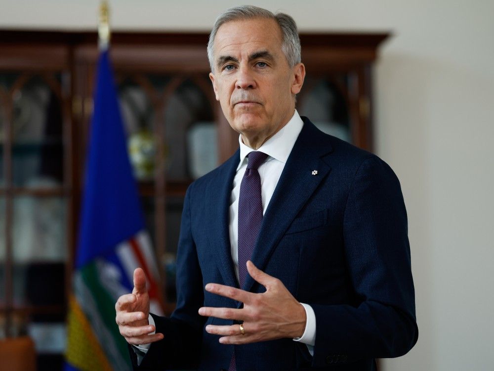 Prime Minister Mark Carney speaks during a meeting with Alberta Premier Danielle Smith in his office in Ottawa, Friday, May 8, 2026.
