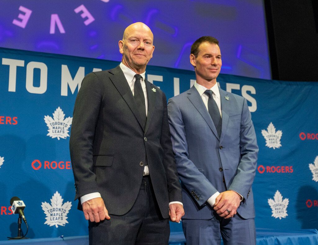 John Chayka (right) is the new Toronto Maple Leafs General Manager and Leaf legend Mats Sundin is the new Senior Executive Advisor as announced during a press conference held at Real Sports Bar & Grill in Toronto, Monday. May 4, 2026.