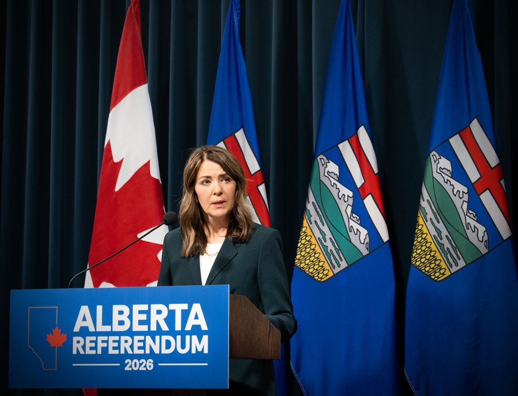 Alberta Premier Danielle Smith speaks at a press conference at McDougall Centre in Calgary on the referendum question asking whether or not Alberta should separate from Canada. Friday, May 22, 2026.