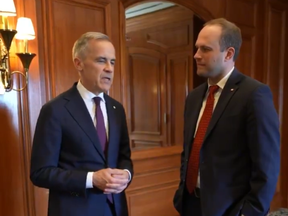 Prime Minister Mark Carney, left, with Nate Erskine-Smith in a screenshot from video posted by @NateForOntario to X.