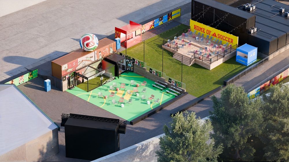 Toronto's STACKT Market will become an adidas World of Soccer brand hub during the FIFA World Cup offering free watch parties, access to food, haircuts, apparel and more in this artistic rendering.