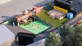 Toronto's STACKT Market will become an adidas World of Soccer brand hub during the FIFA World Cup offering free watch parties, access to food, haircuts, apparel and more in this artistic rendering.
