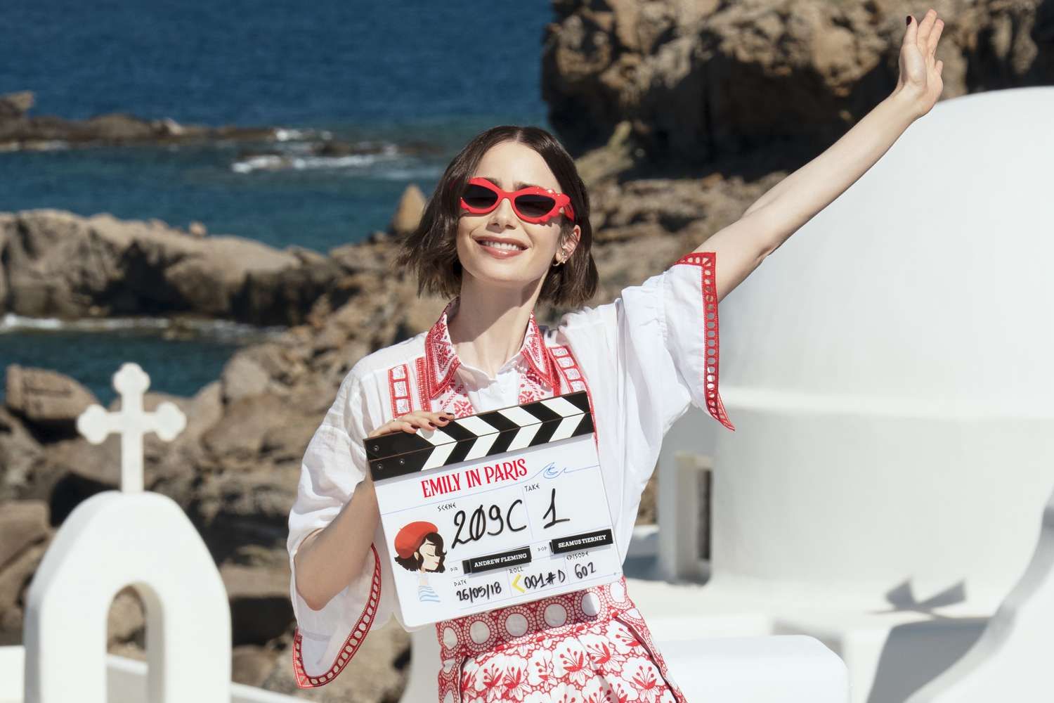 Lily Collins on the set of 'Emily in Paris.'