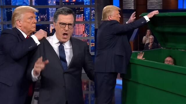 Donald Trump posts AI video showing him tossing Stephen Colbert in dumpster and dancing