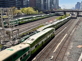 GO Transit trains enter and exit Union Station in Toronto on May 25, 2026.