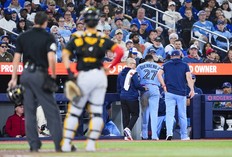 Blue Jays' Vladimir Guerrero Jr. leaves the game after he got hit by a pitch against the Pittsburgh Pirates during the fifth inning at the Rogers Centre on May 24, 2026 in Toronto