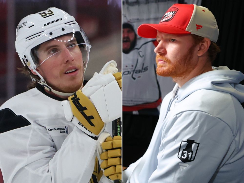 Golden Knights' Mitch Marner (left) and Hurricanes' Frederick Andersen.