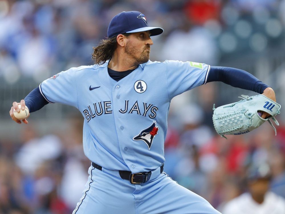Kevin Gausman of the Toronto Blue Jays pitches during the first inning against the Atlanta Braves at Truist Park on June 2, 2026 in Atlanta, Ga.