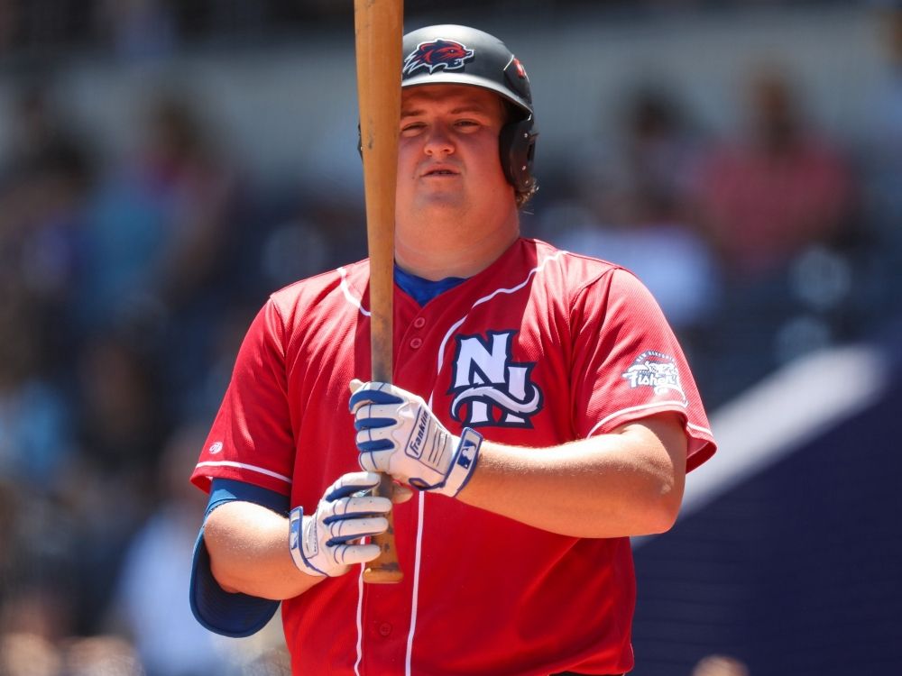 Peyton Williams of the New Hampshire Fisher Cats takes a moment before an at bat during the game last year.
