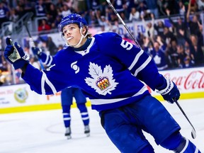 Easton Cowan of the Toronto Marlies celebrates after scoring a goal