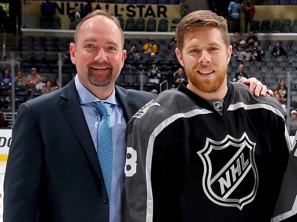 Head coach Peter DeBoer with his Joe Pavelski during warmups prior to the 2017 Honda NHL All-Star Game.