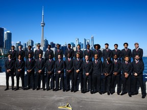 Team Canada poses as they arrive at Billy Bishop Toronto City Airport for the FIFA World Cup 2026.