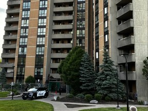 The highrise where a Toronto Police officer was shot