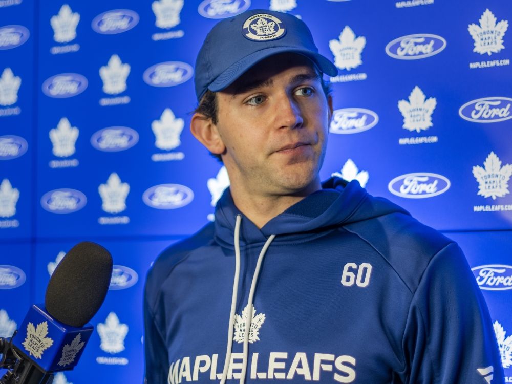 Toronto Maple Leafs goaltender Joseph Woll speaks to reporters during the end-of-season media availability.