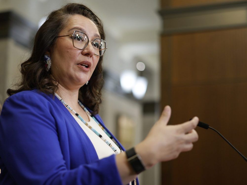 Minister of Indigenous Services Mandy Gull-Masty takes part in a press conference about tabling Bill C-37, a First Nation’s clean water bill, in the House of Commons foyer on Parliament Hill in Ottawa on June 16, 2026.