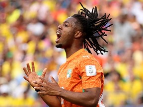 Elye Wahi of Cote d'Ivoire reacts after missing a chance during FIFA World Cup 2026 match against Ecuador.