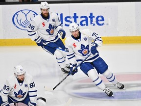 Toronto Marlies defenceman William Villeneuve (76) warms up prior to Game 2 of the AHL Calder Cup Finals against the Chicago Wolves.
