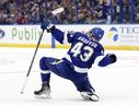 Darren Raddysh of the Tampa Bay Lightning celebrates a goal in the second period during Game Three of the First Round of the 2023 Stanley Cup Playoffs against the Toronto Maple Leafs1 at Amalie Arena on April 22, 2023 in Tampa,.