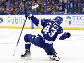 Darren Raddysh of the Tampa Bay Lightning celebrates a goal