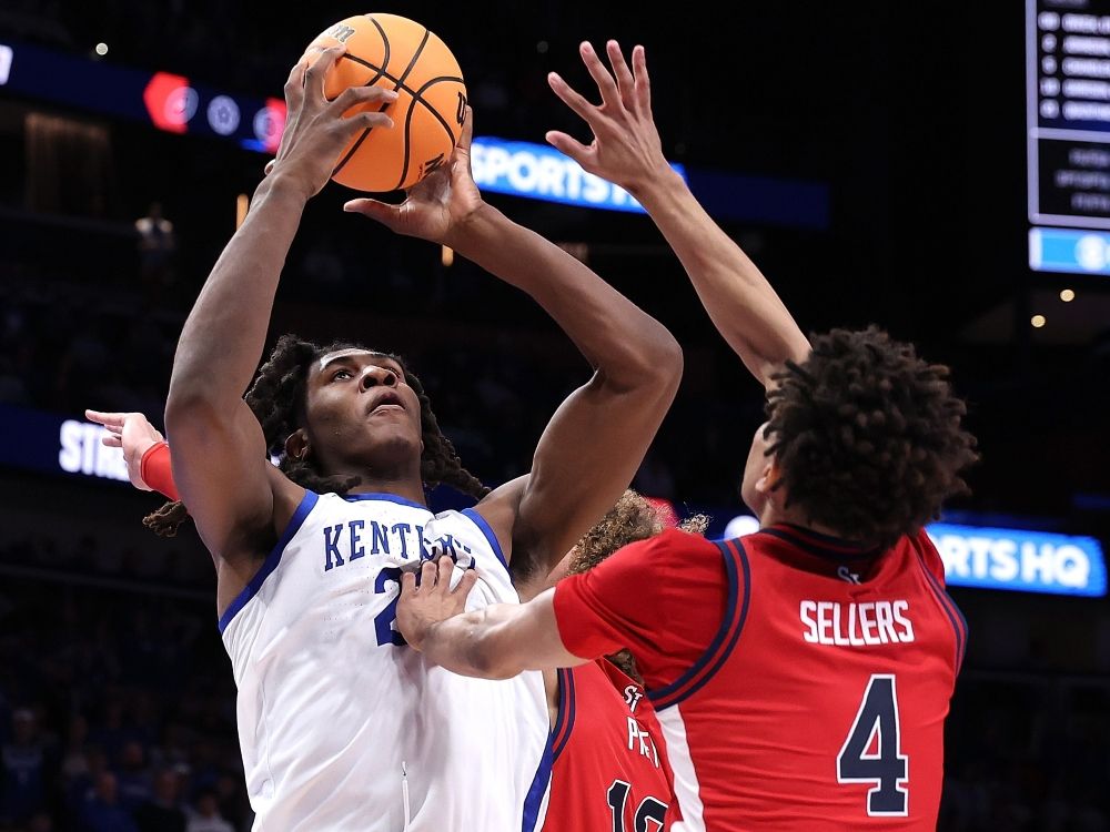 Jayden Quaintance of the Kentucky Wildcats grabs a rebound during a game against the St. John's Red Storm last season.