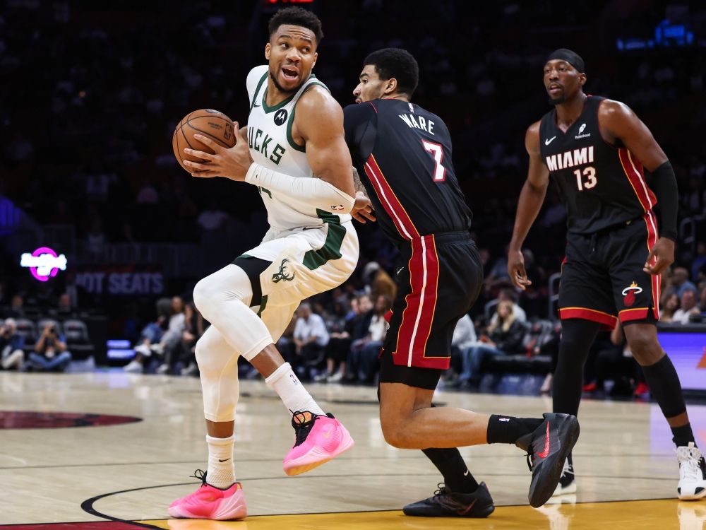 Giannis Antetokounmpo of the Milwaukee Bucks drives the ball against the Miami Heat during a gamer last season.