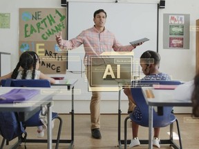 AI text and data over children and a teacher.