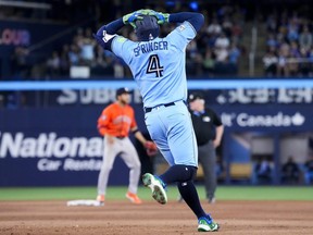 George Springer of the Toronto Blue Jays reacts