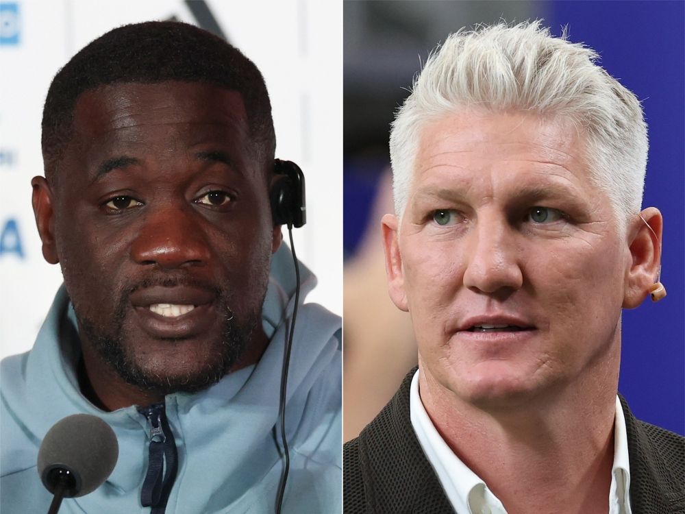 Cote d'Ivoire manager Emerse Fae (left) and retired German soccer player Bastian Scheweinsteiger.