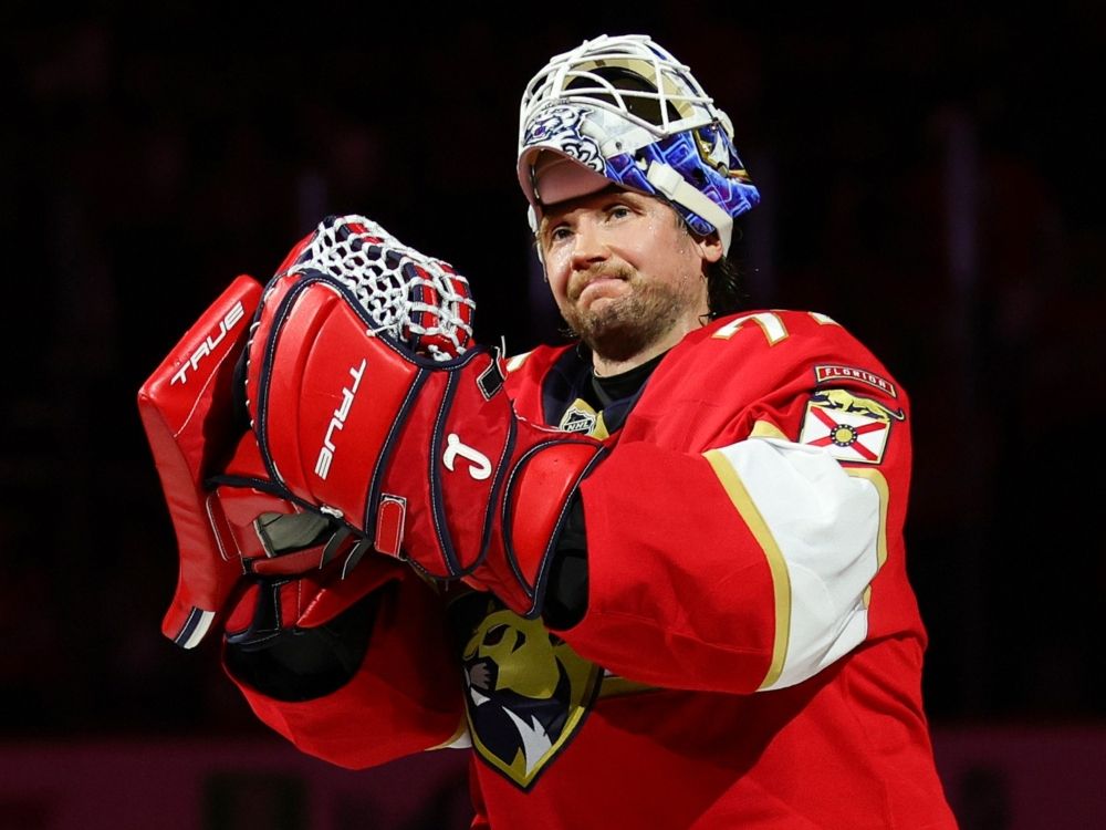 Sergei Bobrovsky of the Florida Panthers celebrates after defeating the Boston Bruins during a game last season.