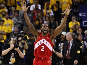 Kawhi Leonard of the Toronto Raptors celebrates his team's win over the Golden State Warriors in Game 6 to win the 2019 NBA Finals.