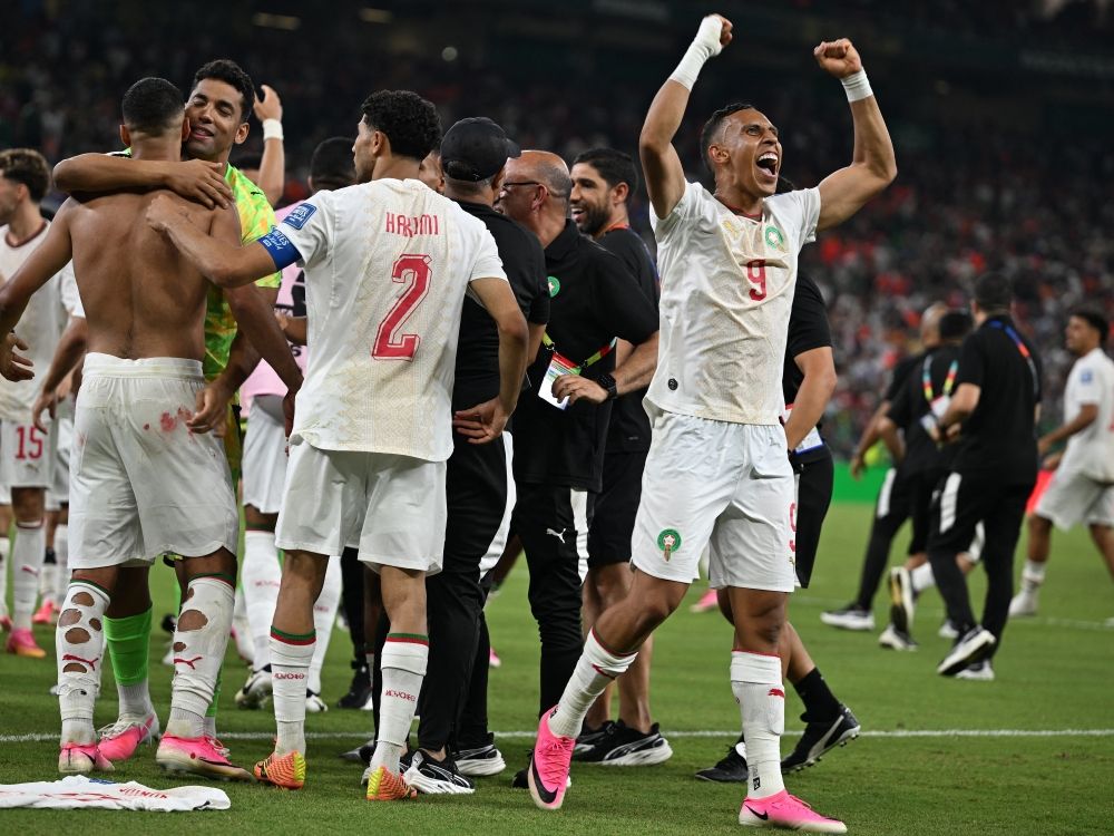 Morocco's Soufiane Rahimi celebrates after winning the penalty shootout of the 2026 World Cup round of 32 football match against Netherlands.