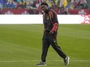 Alphonso Davies of Canada looks on prior to the international friendly match between Canada and Uzbekistan at Commonwealth Stadium on June 1, 2026 in Edmonton.