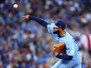 Simeon Woods Richardson of the Toronto Blue Jays pitches in the fifth inning during the game against the Philadelphia Phillies at Rogers Centre on Monday, June 8, 2026, in Toronto.