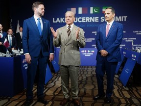 U.S. Vice President JD Vance, Pakistan's Prime Minister Shehbaz Sharif, and Qatar's Prime Minister and Minister for Foreign Affairs Sheikh Mohammed bin Abdulrahman bin Jassim Al-Thani attend a quadrilateral meeting.