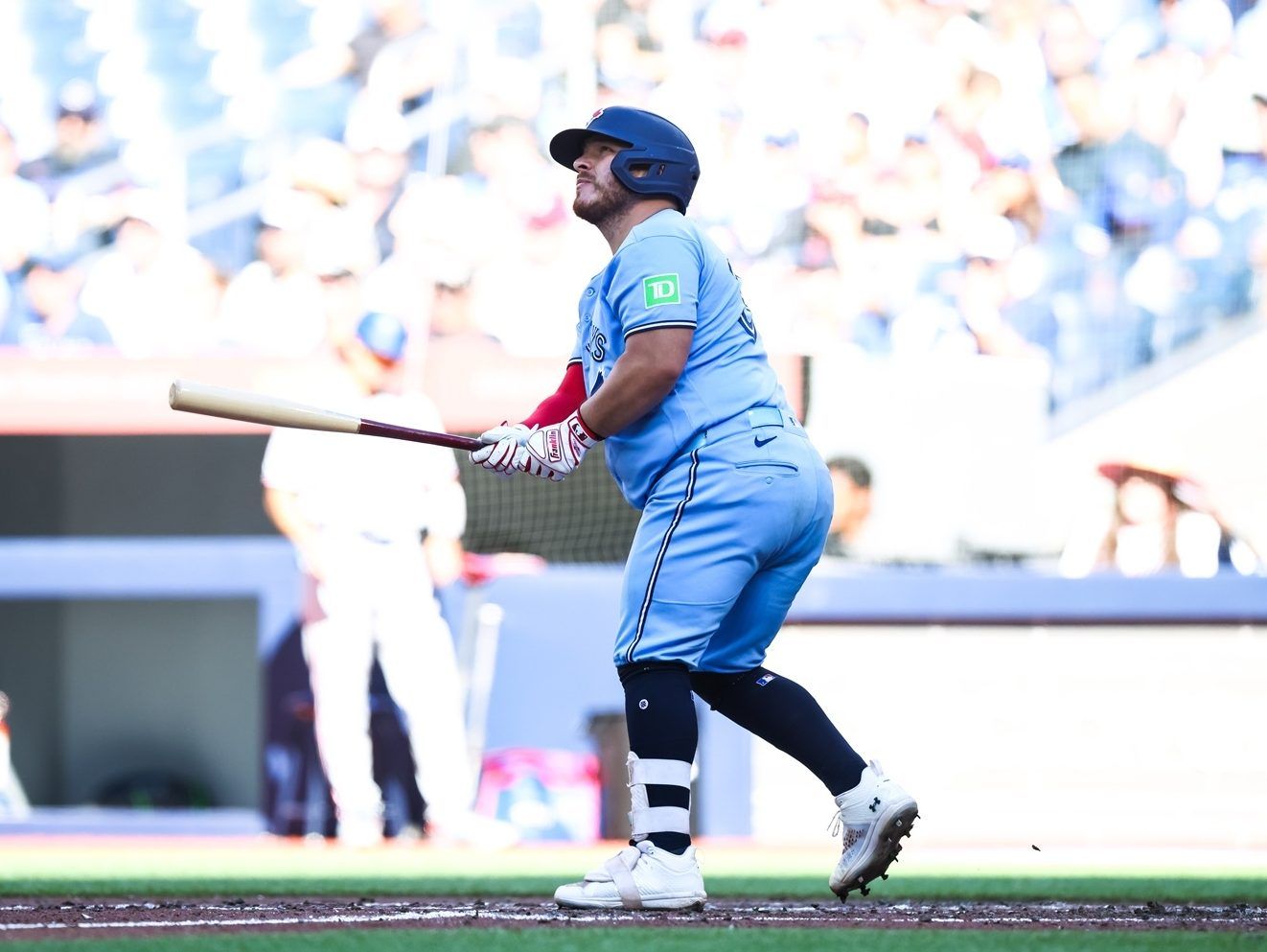 Alejandro Kirk of the Toronto Blue Jays hits a solo-home run in the sixth inning of their MLB game against the Texas Rangers at Rogers Centre on Saturday, June 27, 2026, in Toronto. 