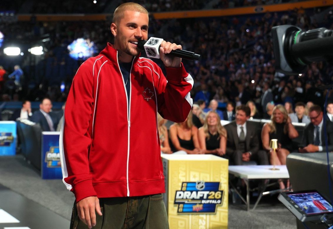 Justin Bieber makes his way to the stage at the 2026 NHL Draft in Buffalo.