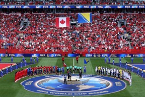 Alanis Morissette performs the Canadian national anthem before the FIFA World Cup 2026 Group B match between Canada and Bosnia and Herzegovina at Toronto Stadium on Friday, June 12, 2026. Michael Steele
