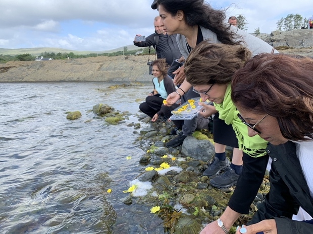  AHAKISTA, IRELAND: Family of Air India victim Indira Kalsi, 21, honouring her with flower in the sea on June 23, 2025. Families of the victims joined politicians from Canada, India and Ireland, as well as first responders and the people of County Cork attend the 40th Anniversary of the Air India bombing.